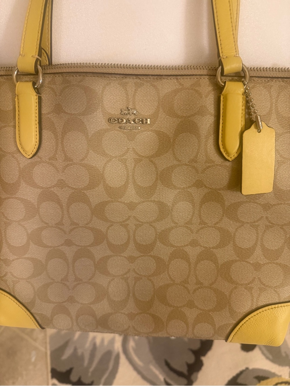 Coach Beige Signature Tote with Yellow Trim “Authentic” - Picture 1 of 13